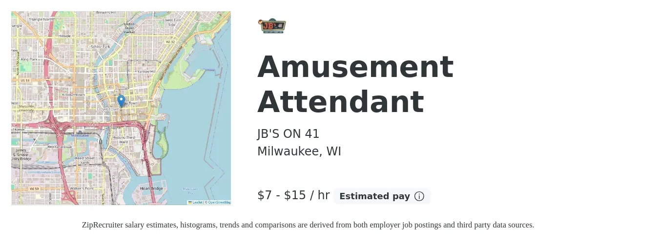 JB'S ON 41 job posting for a Amusement Attendant in Milwaukee, WI with a salary of $8 to $16 Hourly with a map of Milwaukee location.