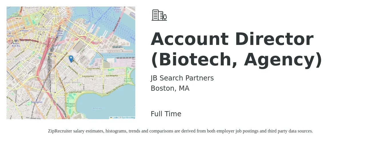 JB Search Partners job posting for a Account Director (Biotech, Agency) in Boston, MA with a salary of $103,200 to $133,100 Yearly with a map of Boston location.