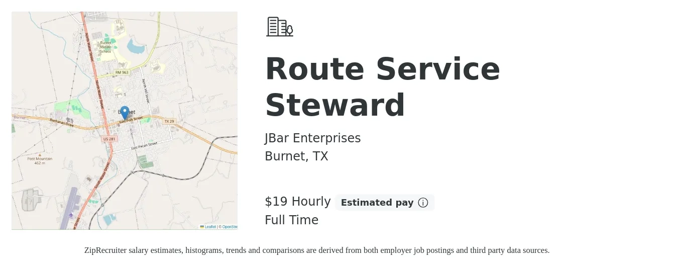 JBar Enterprises job posting for a Route Service Steward in Burnet, TX with a salary of $20 Hourly with a map of Burnet location.