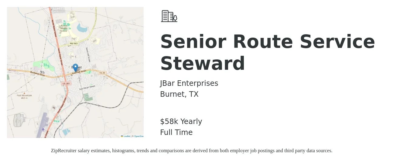 JBar Enterprises job posting for a Senior Route Service Steward in Burnet, TX with a salary of $58,000 Yearly with a map of Burnet location.