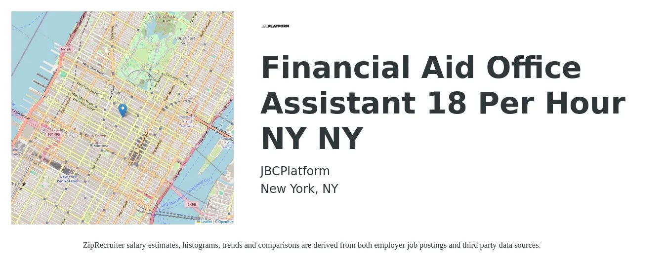JBCPlatform job posting for a Financial Aid Office Assistant $18 Per Hour (NY, NY) in New York, NY with a salary of $18 Hourly and benefits including dental, medical, and vision with a map of New York location.