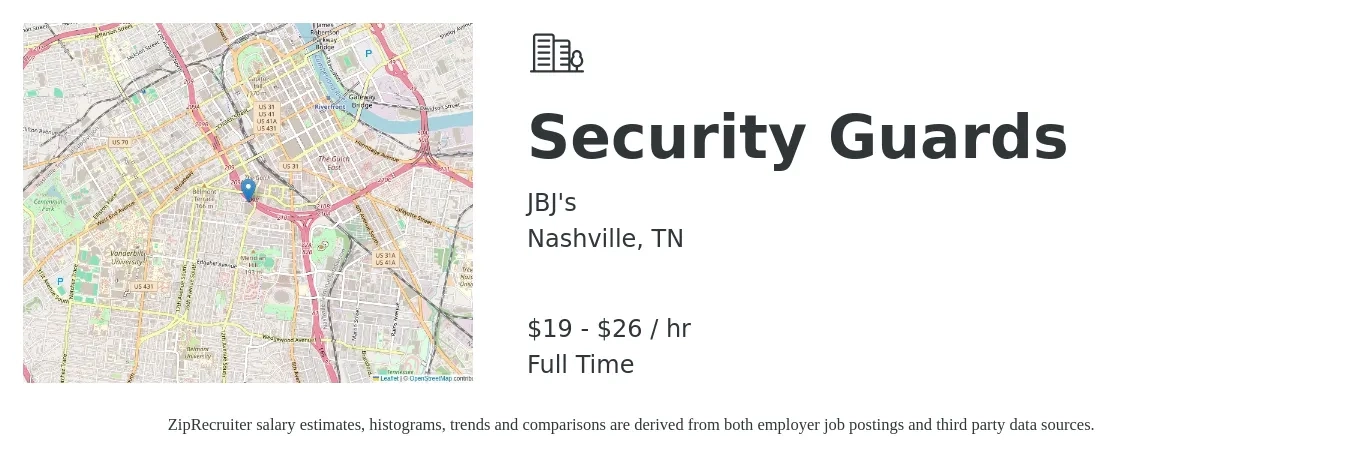 JBJ's job posting for a Security Guards in Nashville, TN with a salary of $20 to $28 Hourly with a map of Nashville location.