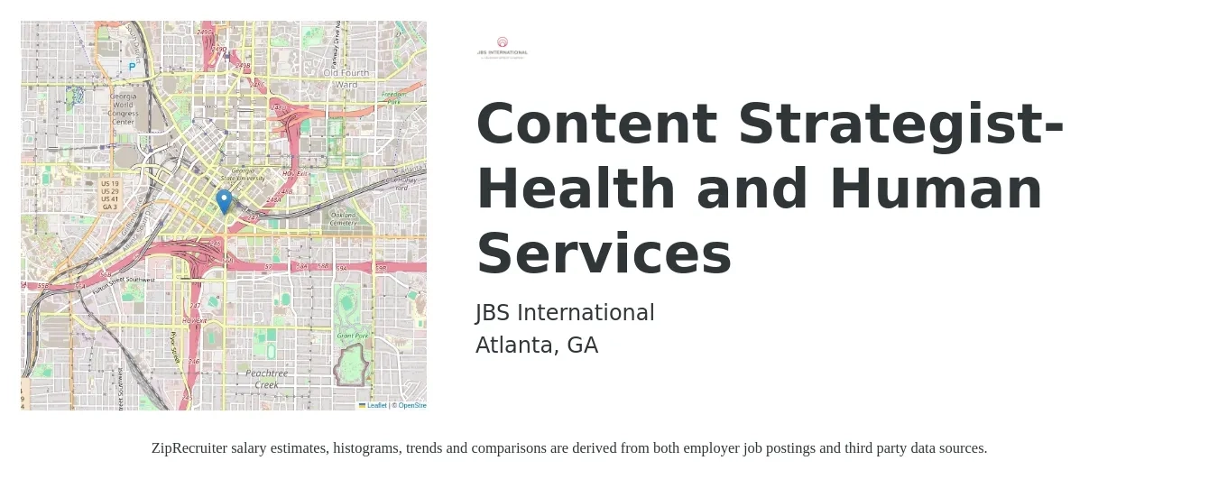 JBS International job posting for a Content Strategist- Health and Human Services in Atlanta, GA with a salary of $34 to $53 Hourly with a map of Atlanta location.