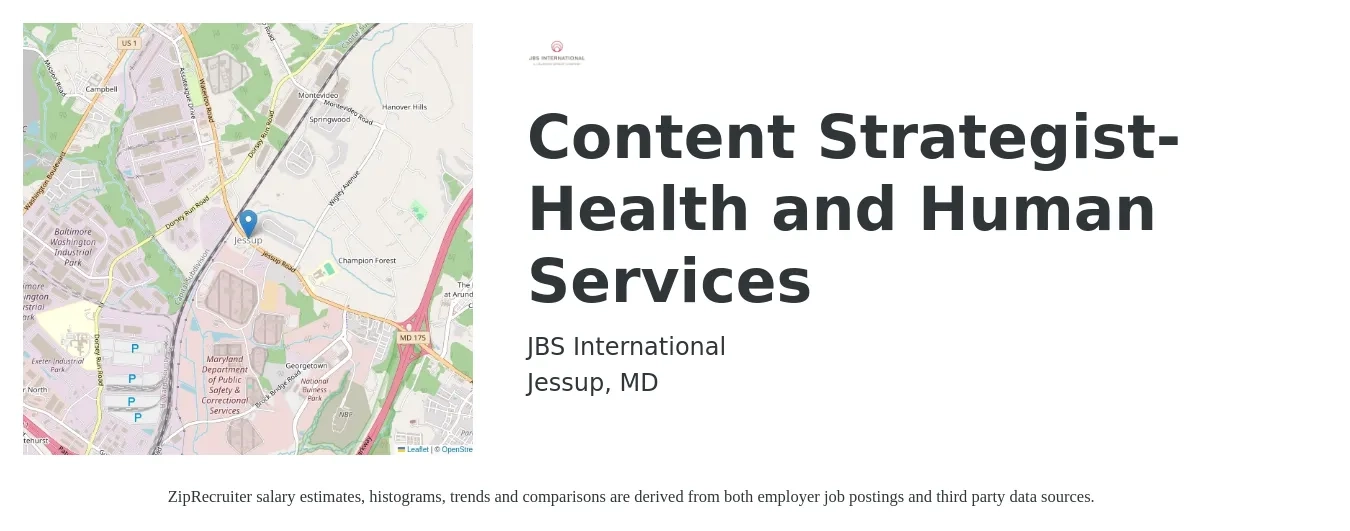 JBS International job posting for a Content Strategist- Health and Human Services in Jessup, MD with a salary of $37 to $56 Hourly with a map of Jessup location.