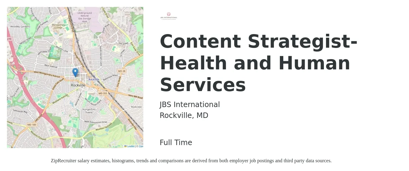 JBS International job posting for a Content Strategist- Health and Human Services in Rockville, MD with a salary of $37 to $56 Hourly with a map of Rockville location.