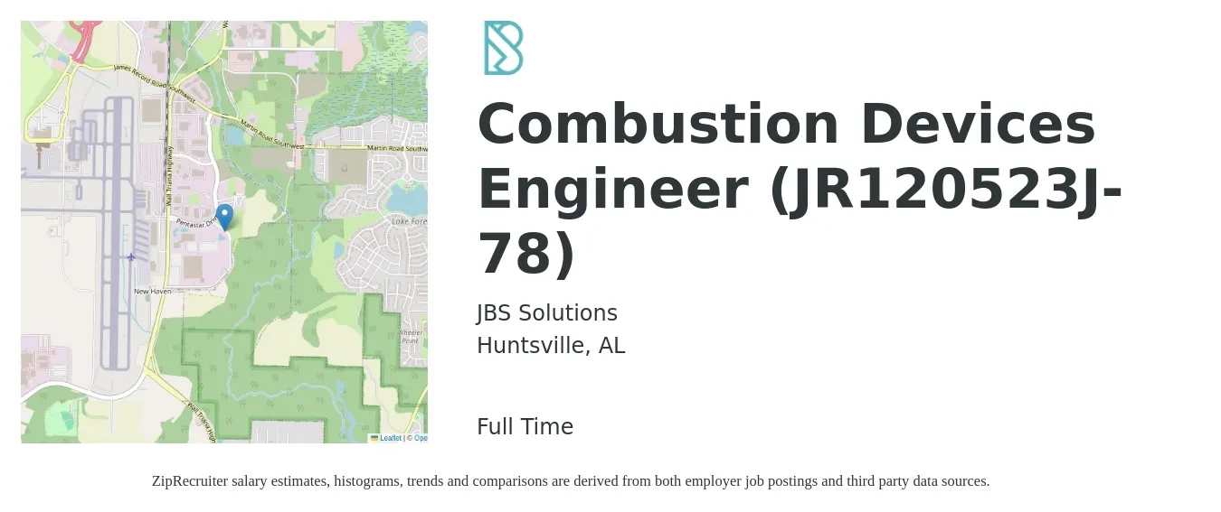 JBS Solutions job posting for a Combustion Devices Engineer (JR120523J-78) in Huntsville, AL with a salary of $73,900 to $90,500 Yearly with a map of Huntsville location.