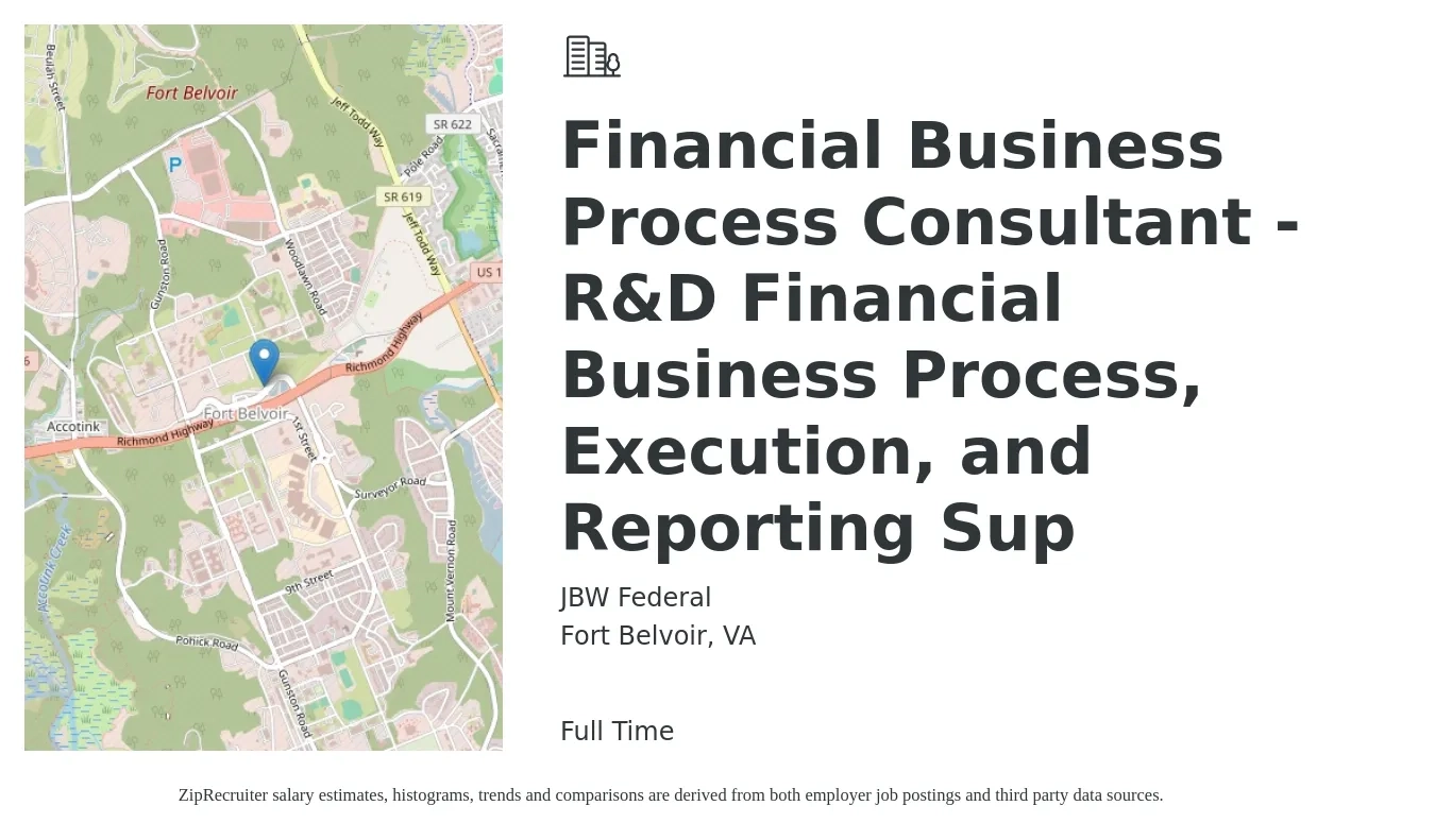 JBW Federal job posting for a Financial Business Process Consultant - R&D Financial Business Process, Execution, and Reporting Sup in Fort Belvoir, VA with a salary of $38 to $58 Hourly with a map of Fort Belvoir location.