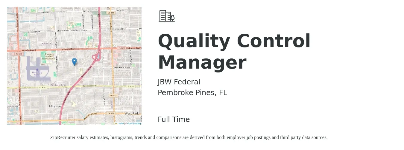 JBW Federal job posting for a Quality Control Manager in Pembroke Pines, FL with a salary of $56,100 to $92,800 Yearly with a map of Pembroke Pines location.