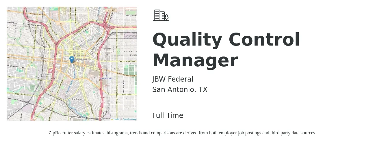 JBW Federal job posting for a Quality Control Manager in San Antonio, TX with a salary of $51,900 to $85,900 Yearly with a map of San Antonio location.