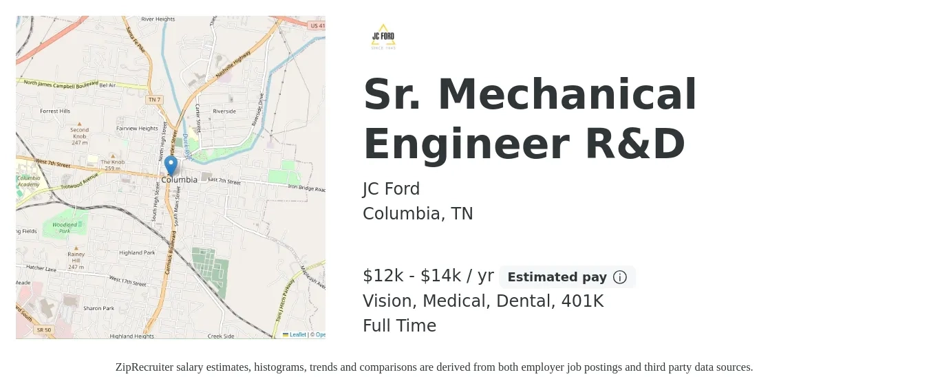 JC Ford job posting for a Sr. Mechanical Engineer R&D in Columbia, TN with a salary of $12,500 to $14,167 Yearly and benefits including life_insurance, medical, vision, 401k, and dental with a map of Columbia location.