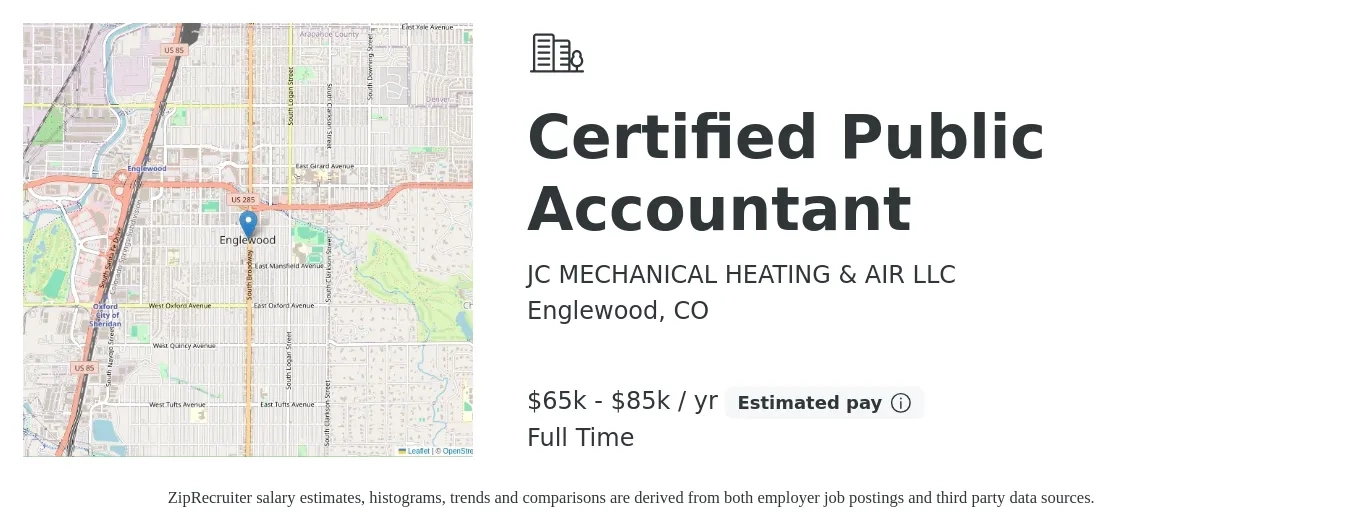JC MECHANICAL HEATING & AIR LLC job posting for a Certified Public Accountant in Englewood, CO with a salary of $65,000 to $85,000 Yearly with a map of Englewood location.