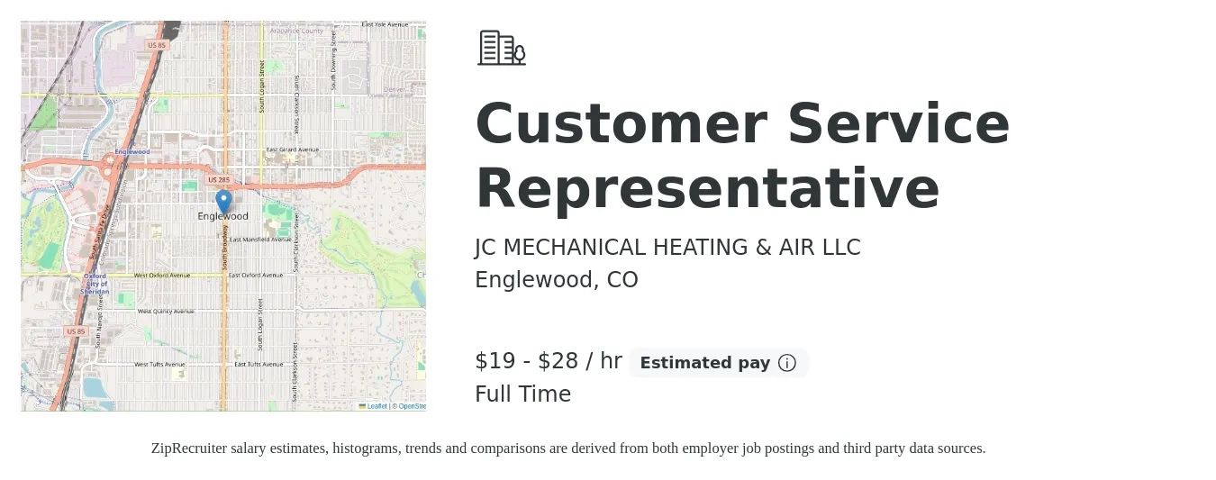 JC MECHANICAL HEATING & AIR LLC job posting for a Customer Service Representative in Englewood, CO with a salary of $25 Hourly with a map of Englewood location.