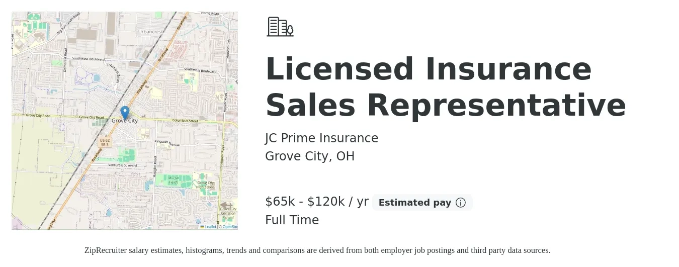JC Prime Insurance job posting for a Licensed Insurance Sales Representative in Grove City, OH with a salary of $65,000 to $120,000 Yearly with a map of Grove City location.