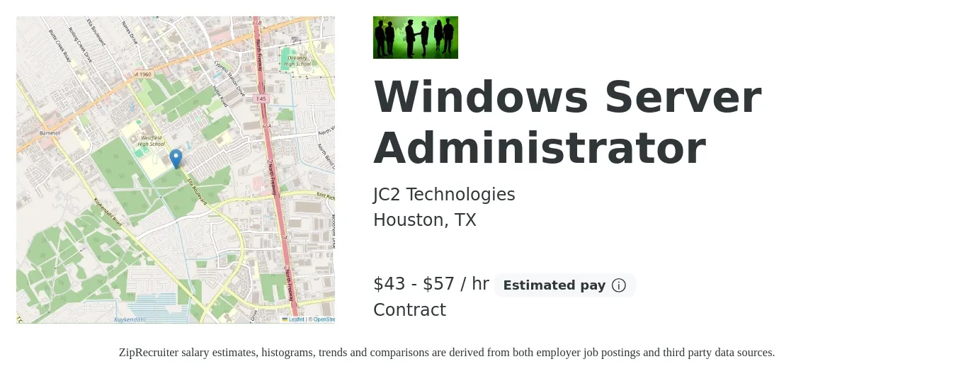 JC2 Technologies job posting for a Windows Server Administrator in Houston, TX with a salary of $45 to $60 Hourly with a map of Houston location.