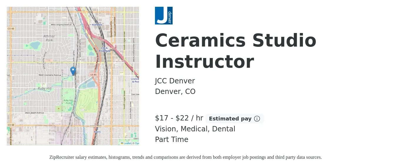 JCC Denver job posting for a Ceramics Studio Instructor in Denver, CO with a salary of $18 to $23 Hourly and benefits including dental, life_insurance, medical, retirement, and vision with a map of Denver location.