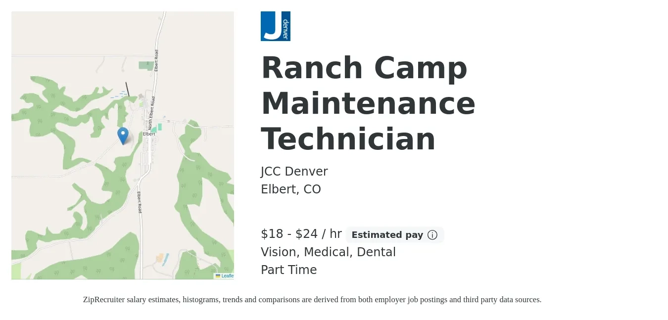 JCC Denver job posting for a Ranch Camp Maintenance Technician in Elbert, CO with a salary of $19 to $25 Hourly and benefits including vision, dental, life_insurance, medical, and retirement with a map of Elbert location.