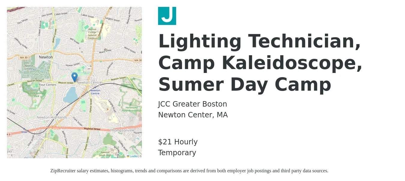 JCC Greater Boston job posting for a Lighting Technician, Camp Kaleidoscope, Sumer Day Camp in Newton Center, MA with a salary of $22 Hourly with a map of Newton Center location.