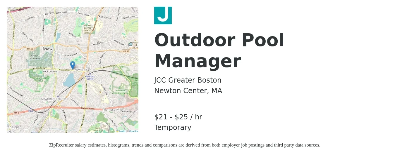 JCC Greater Boston job posting for a Outdoor Pool Manager in Newton Center, MA with a salary of $22 to $27 Hourly with a map of Newton Center location.