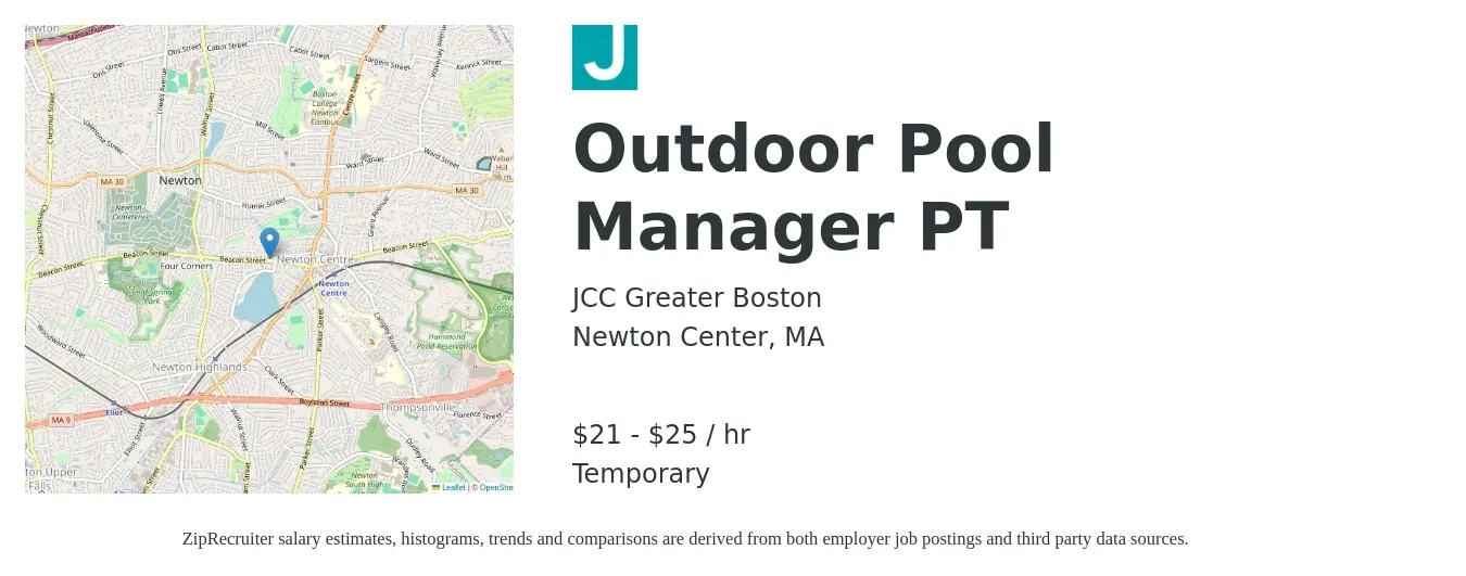 JCC Greater Boston job posting for a Outdoor Pool Manager PT in Newton Center, MA with a salary of $22 to $27 Hourly with a map of Newton Center location.