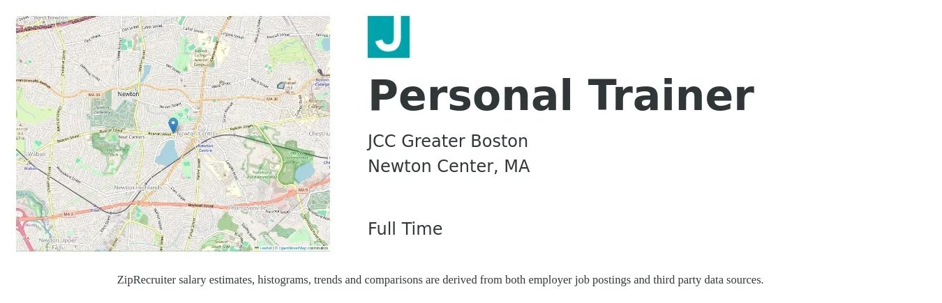 JCC Greater Boston job posting for a Personal Trainer in Newton Center, MA with a salary of $52 Hourly with a map of Newton Center location.
