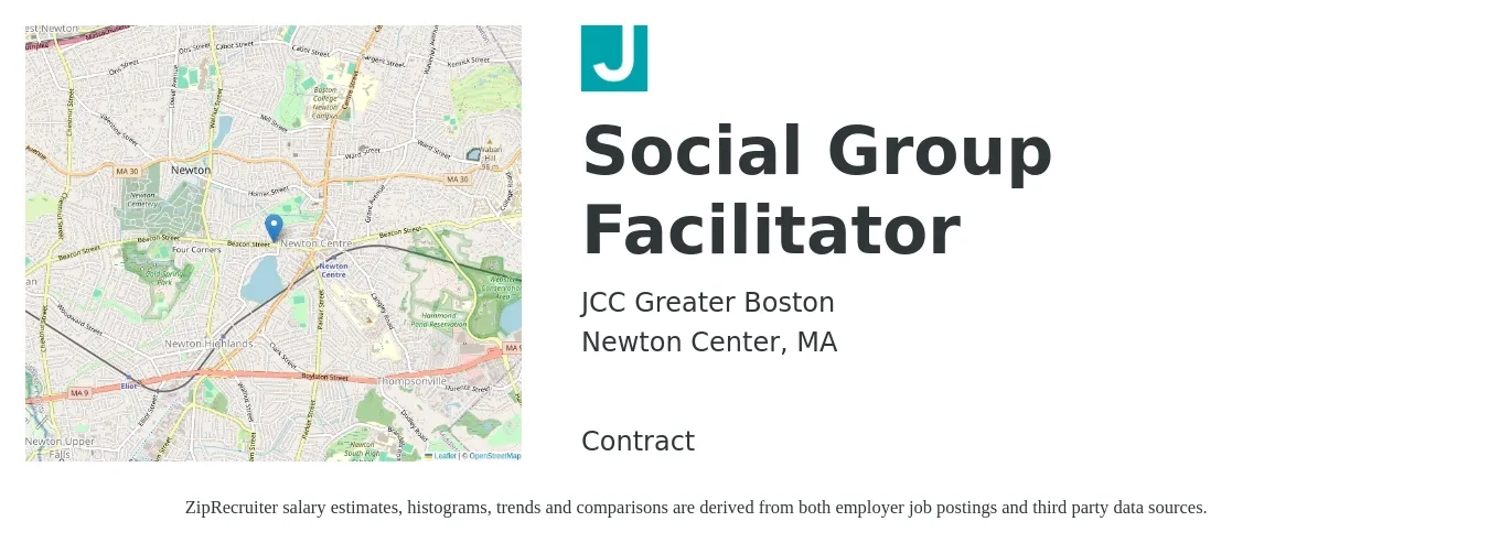 JCC Greater Boston job posting for a Social Group Facilitator in Newton Center, MA with a salary of $23 to $28 Hourly with a map of Newton Center location.