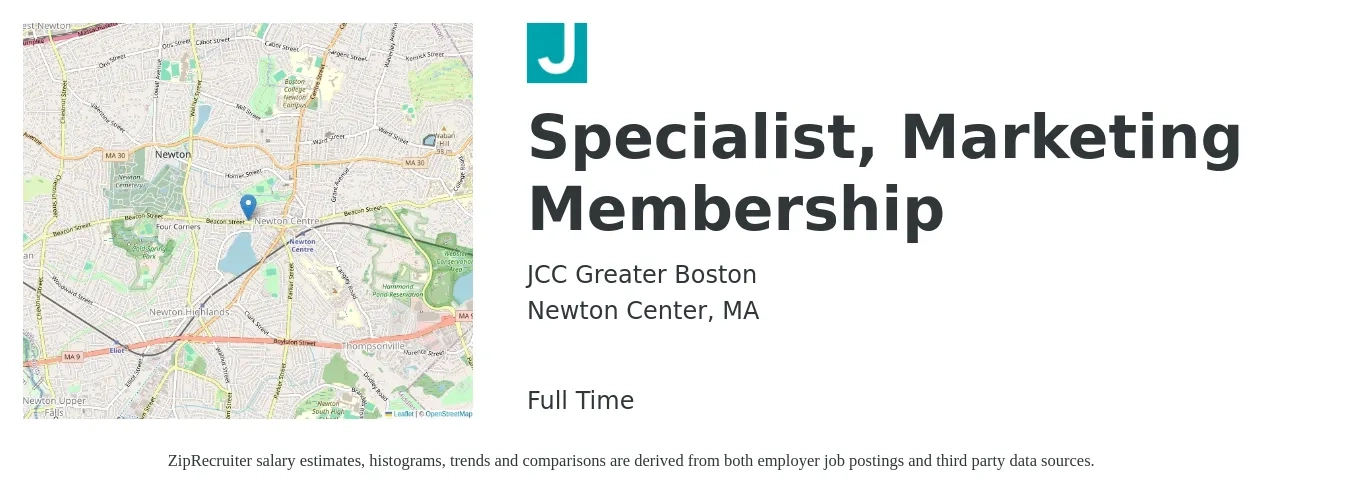 JCC Greater Boston job posting for a Specialist, Marketing Membership in Newton Center, MA with a salary of $47,940 to $58,140 Yearly with a map of Newton Center location.