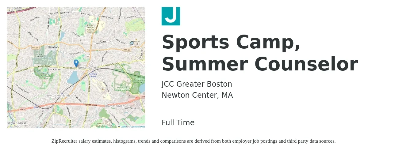 JCC Greater Boston job posting for a Sports Camp, Summer Counselor in Newton Center, MA with a salary of $15 to $18 Hourly with a map of Newton Center location.
