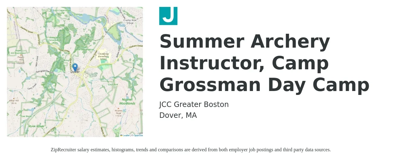 JCC Greater Boston job posting for a Summer Archery Instructor, Camp Grossman Day Camp in Dover, MA with a salary of $18 to $24 Hourly with a map of Dover location.
