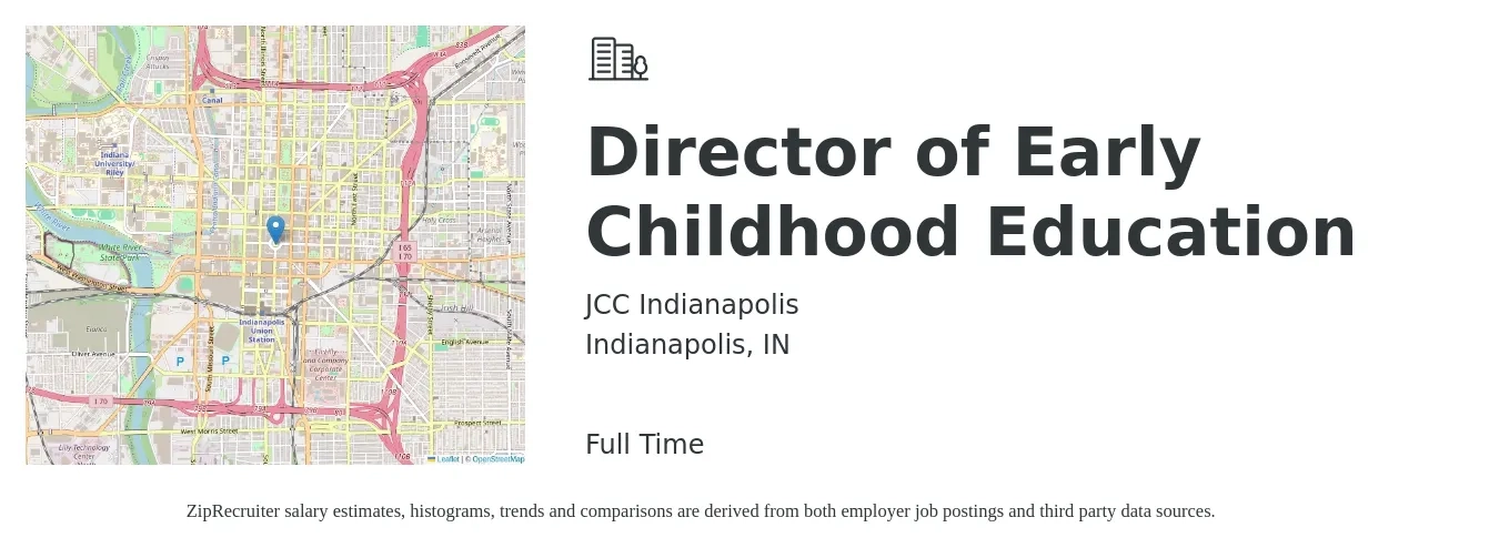 JCC Indianapolis job posting for a Director of Early Childhood Education in Indianapolis, IN with a salary of $52,100 to $83,200 Yearly with a map of Indianapolis location.