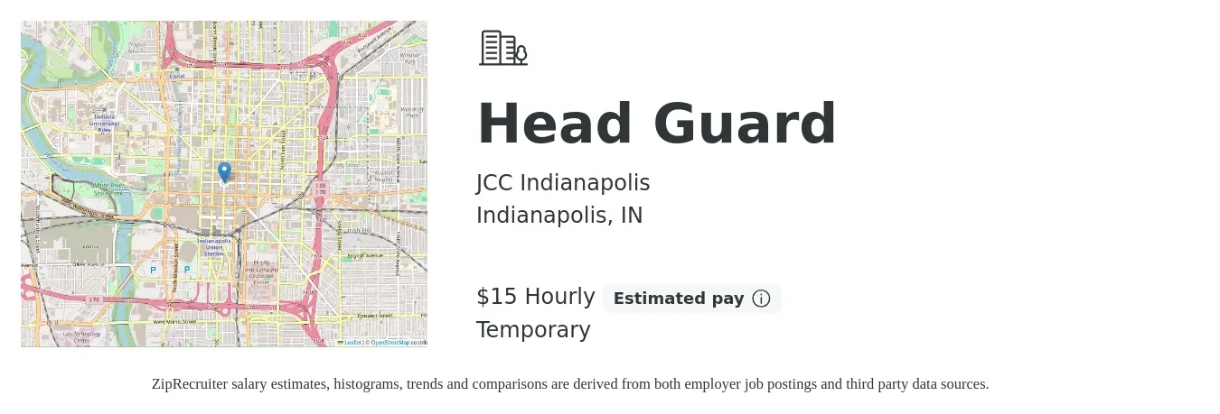 JCC Indianapolis job posting for a Head Guard in Indianapolis, IN with a salary of $16 Hourly with a map of Indianapolis location.