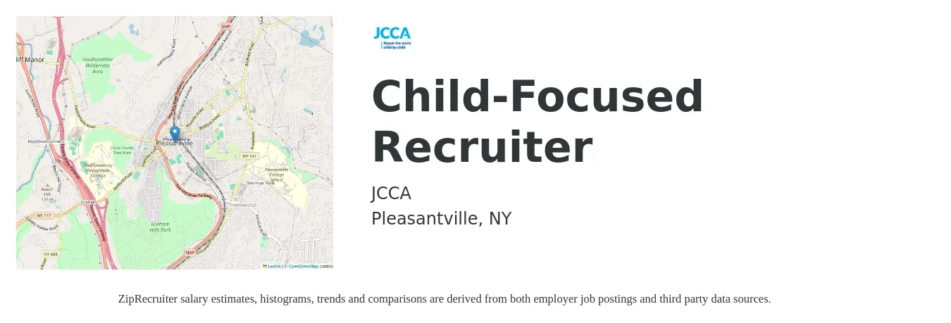 JCCA job posting for a Child-Focused Recruiter in Pleasantville, NY with a salary of $22 to $36 Hourly with a map of Pleasantville location.