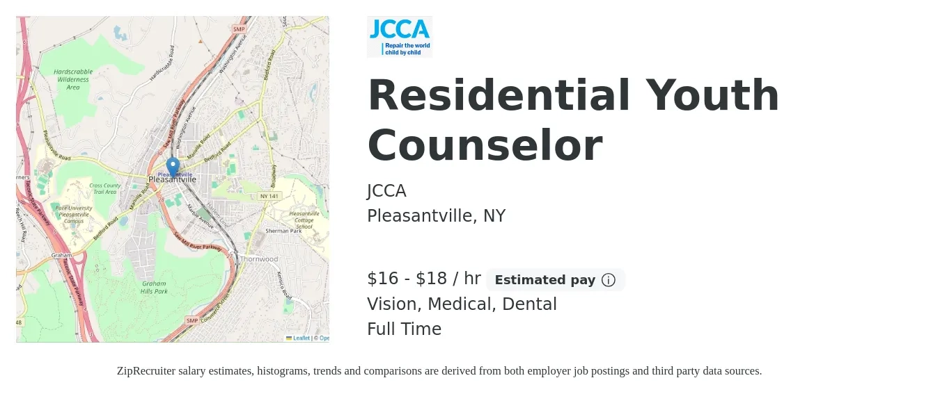 JCCA job posting for a Residential Youth Counselor in Pleasantville, NY with a salary of $17 to $20 Hourly and benefits including life_insurance, medical, retirement, vision, and dental with a map of Pleasantville location.