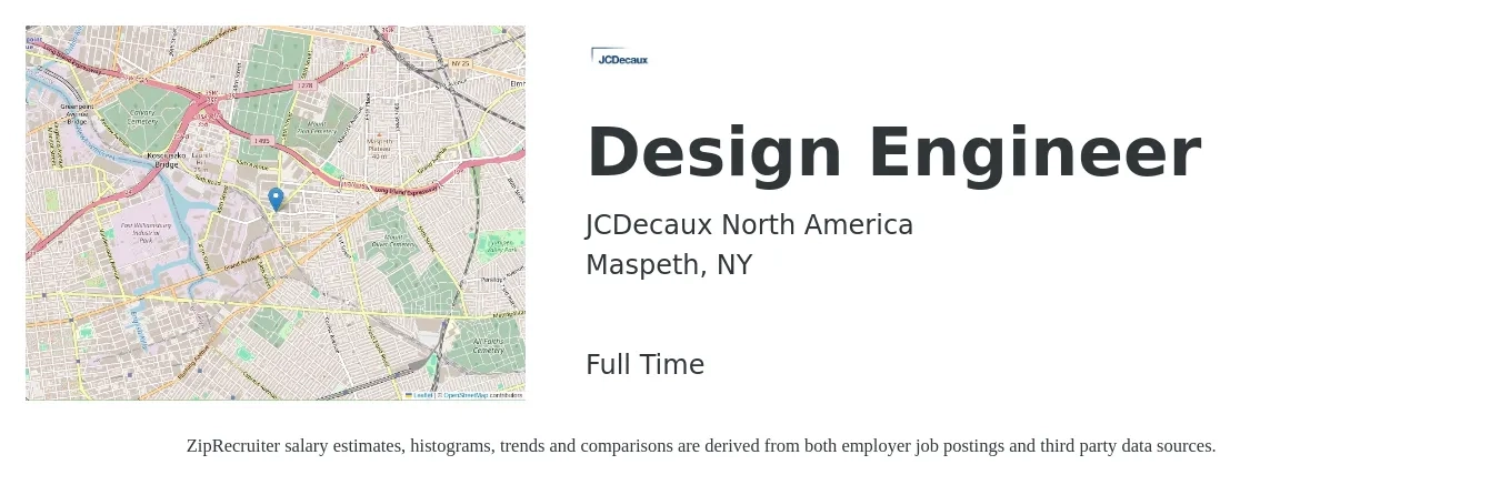 JCDecaux North America job posting for a Design Engineer in Maspeth, NY with a salary of $120,000 to $130,000 Yearly with a map of Maspeth location.