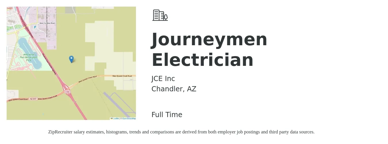 JCE Inc job posting for a Journeymen Electrician in Chandler, AZ with a salary of $27 to $38 Hourly with a map of Chandler location.