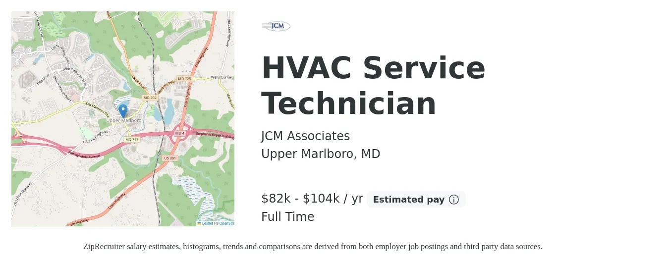 JCM Associates job posting for a HVAC Service Technician in Upper Marlboro, MD with a salary of $82,000 to $104,000 Yearly with a map of Upper Marlboro location.