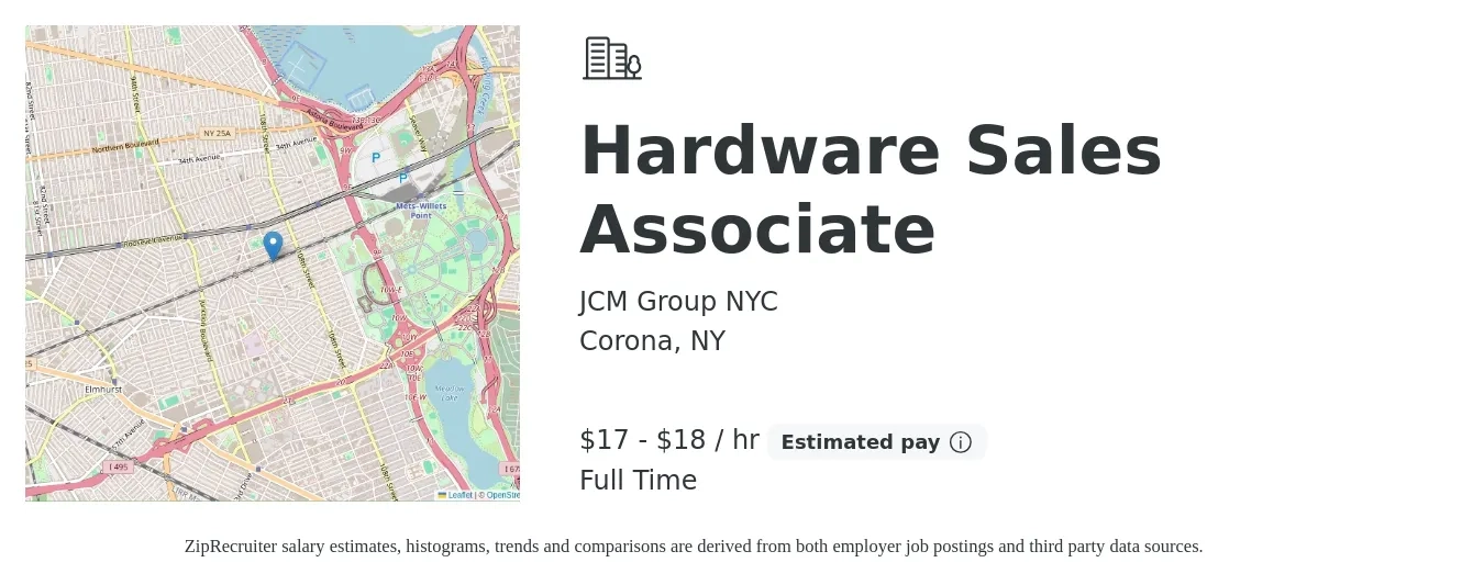 JCM Group NYC job posting for a Hardware Sales Associate in Corona, NY with a salary of $18 to $19 Hourly with a map of Corona location.