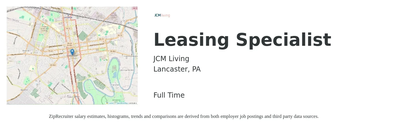 JCM Living job posting for a Leasing Specialist in Lancaster, PA with a salary of $16 to $22 Hourly with a map of Lancaster location.