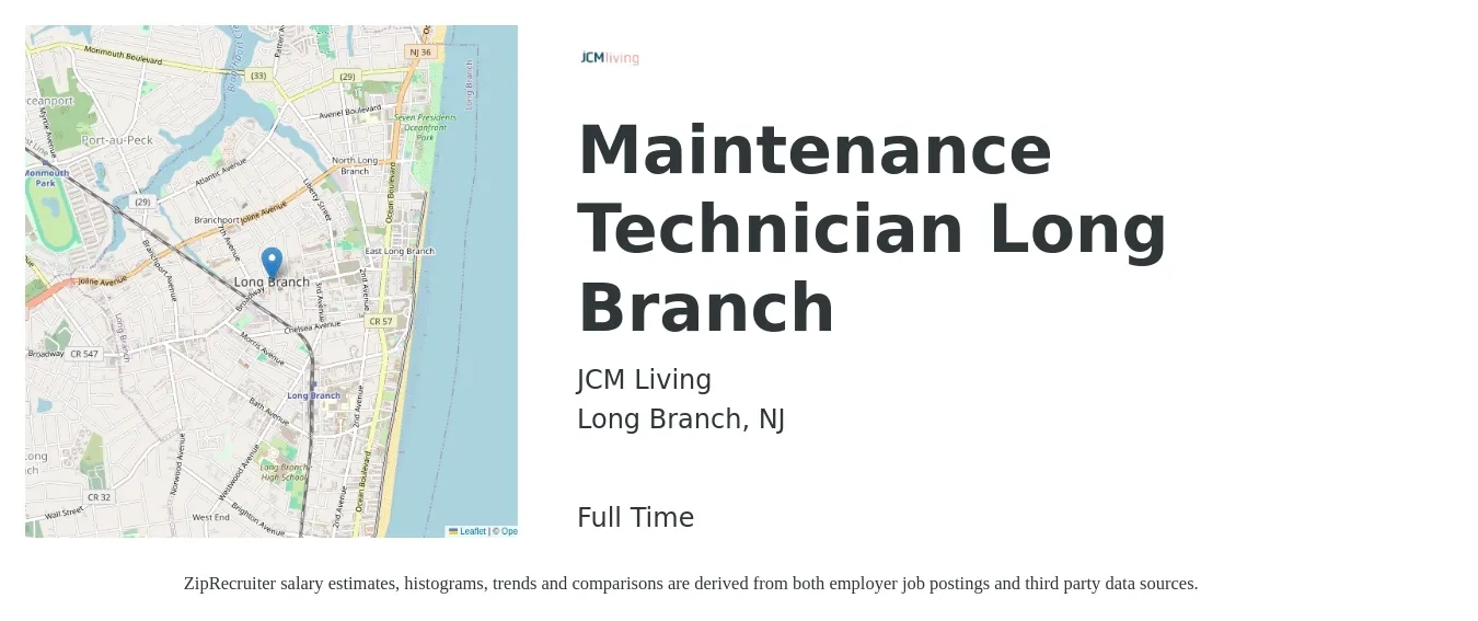 JCM Living job posting for a Maintenance Technician Long Branch in Long Branch, NJ with a salary of $19 to $26 Hourly with a map of Long Branch location.