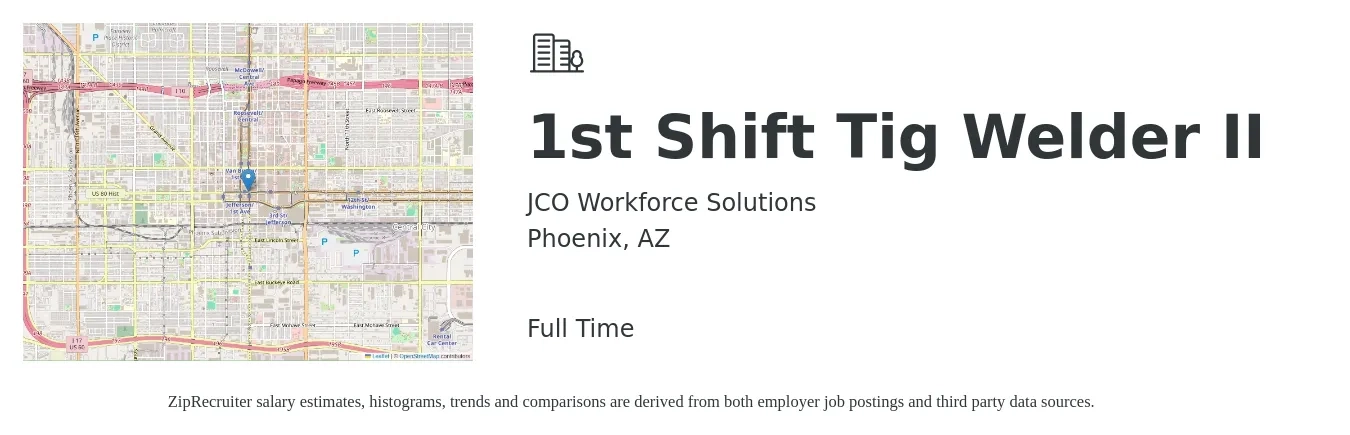 JCO Workforce Solutions job posting for a 1st Shift Tig Welder II in Phoenix, AZ with a salary of $19 to $24 Hourly with a map of Phoenix location.