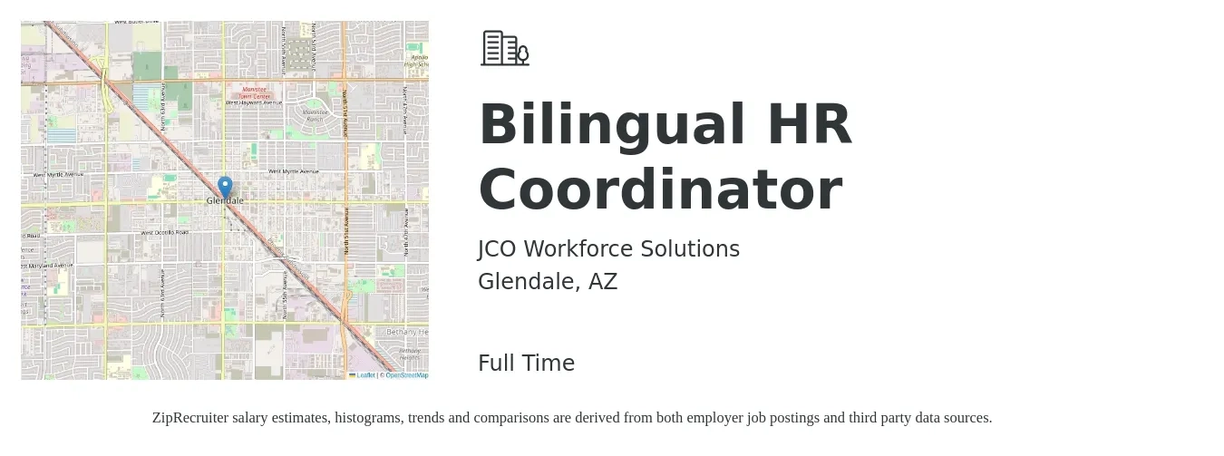 JCO Workforce Solutions job posting for a Bilingual HR Coordinator in Glendale, AZ with a salary of $21 to $27 Hourly with a map of Glendale location.