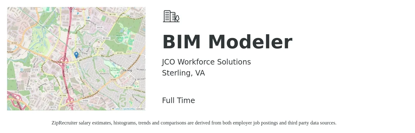 JCO Workforce Solutions, LLC job posting for a BIM Modeler in Sterling, VA with a salary of $30 to $38 Hourly with a map of Sterling location.