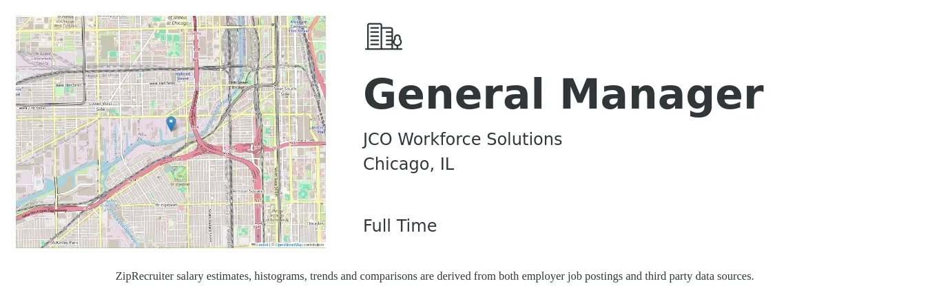 JCO Workforce Solutions job posting for a General Manager in Chicago, IL with a salary of $51,000 to $76,300 Yearly with a map of Chicago location.