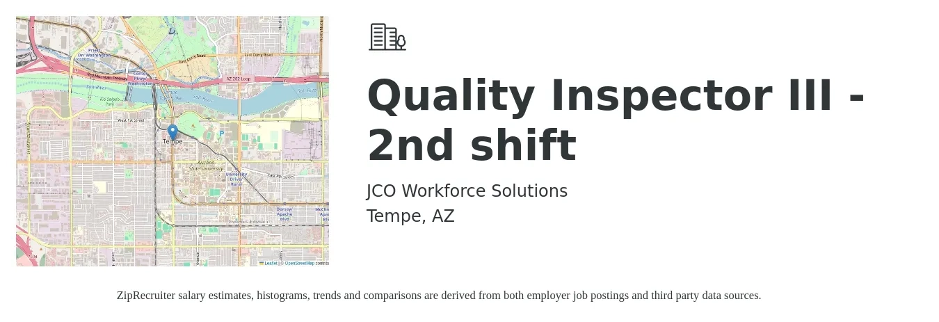 JCO Workforce Solutions job posting for a Quality Inspector III - 2nd shift in Tempe, AZ with a salary of $18 to $24 Hourly with a map of Tempe location.