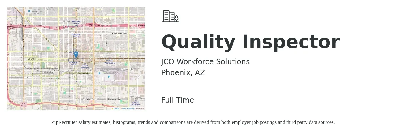 JCO Workforce Solutions job posting for a Quality Inspector in Phoenix, AZ with a salary of $16 to $24 Hourly with a map of Phoenix location.