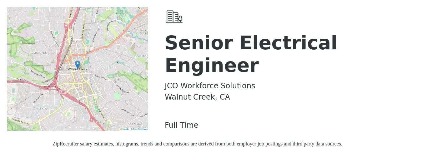 JCO Workforce Solutions job posting for a Senior Electrical Engineer in Walnut Creek, CA with a salary of $122,400 to $159,400 Yearly with a map of Walnut Creek location.