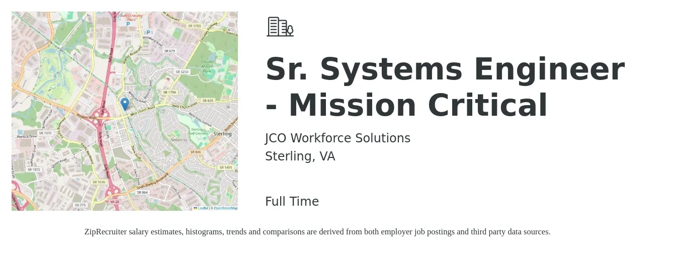 JCO Workforce Solutions job posting for a Sr. Systems Engineer - Mission Critical in Sterling, VA with a salary of $105,500 to $144,400 Yearly with a map of Sterling location.