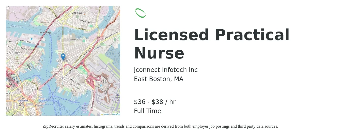 Jconnect Infotech Inc job posting for a Licensed Practical Nurse in East Boston, MA with a salary of $40 to $45 Hourly with a map of East Boston location.