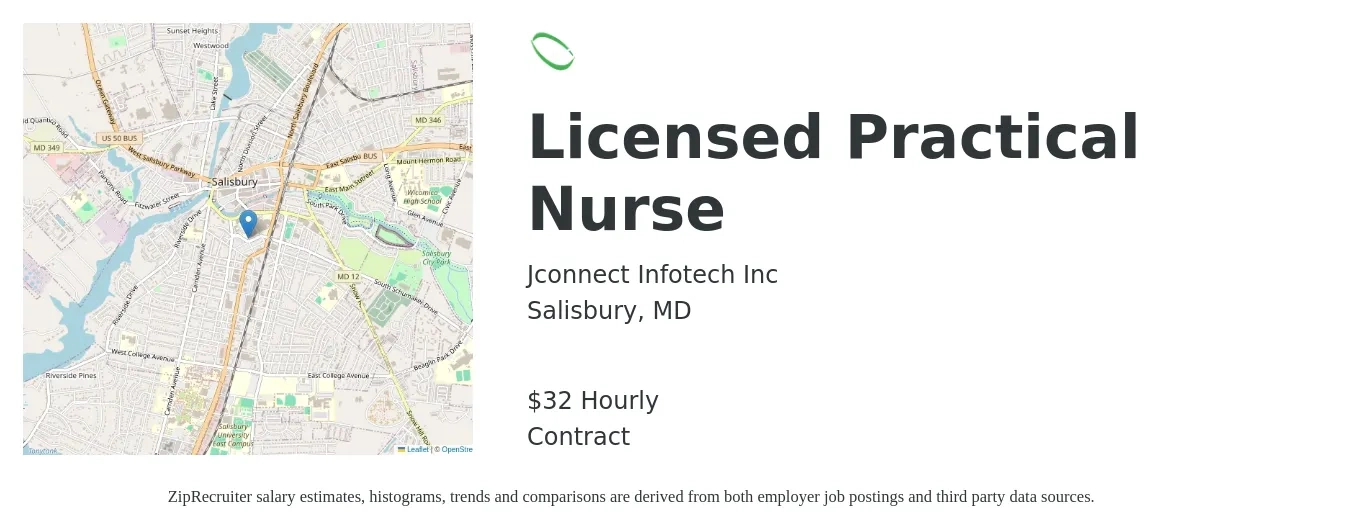 Jconnect Infotech Inc job posting for a Licensed Practical Nurse in Salisbury, MD with a salary of $34 Hourly with a map of Salisbury location.