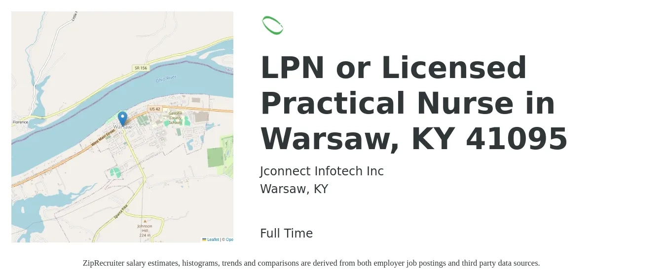 Jconnect Infotech Inc job posting for a LPN or Licensed Practical Nurse in Warsaw, KY 41095 in Warsaw, KY with a salary of $24 to $32 Hourly with a map of Warsaw location.
