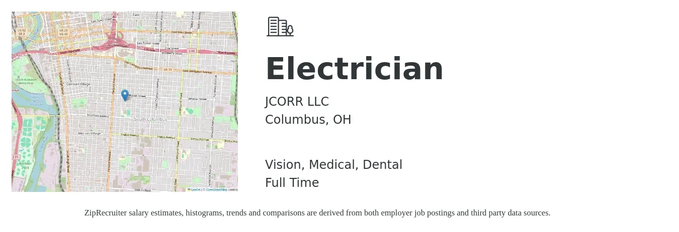 JCORR LLC job posting for a Electrician in Columbus, OH with a salary of $24 to $33 Hourly and benefits including retirement, vision, dental, life_insurance, medical, and pto with a map of Columbus location.